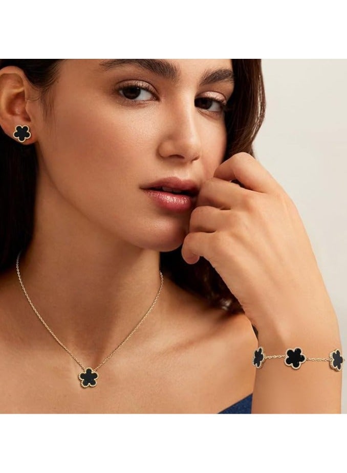 TEMPO (3 Pcs) Clover Necklaces Bracelets Earring Set - 18K Gold Color Plated Flower Bracelet Chain,Stainless Steel Non Tarnish Floral Pendant Stud Jewelry Sets,Four Leaf Clover Lucky Gift for All Occasion - Image 3